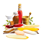 Circular image showing various ayurvedic items including a white container, a green leaf and flowers with a white background, in a round frame